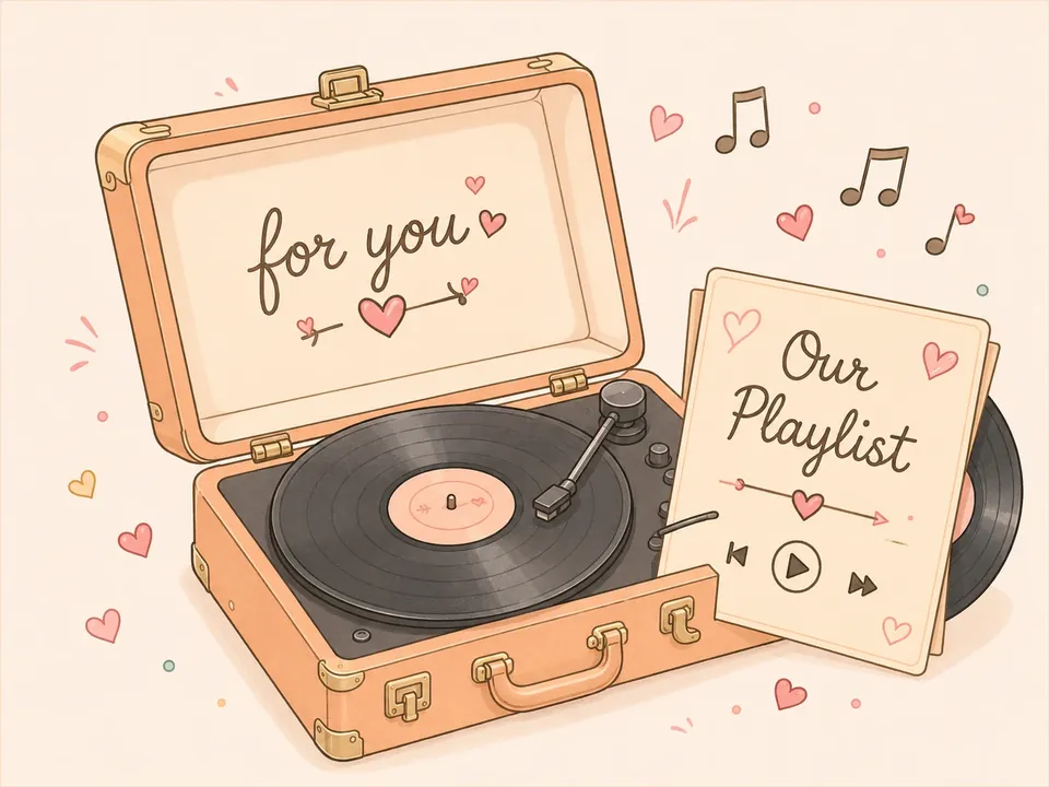Ilustrasi Songs For You: pemutar piringan hitam dan playlist lagu buat dia.