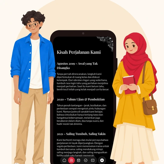 Mockup HP berisi layar Kisah cinta dengan contoh cerita Dika & Putri; ilustrasi Dika dan Putri berdiri berjauhan di kiri dan kanan HP.
