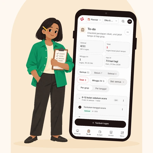 Mockup HP berisi layar To-do dengan contoh checklist persiapan; ilustrasi Wenda berdiri di samping HP membawa papan jepit.