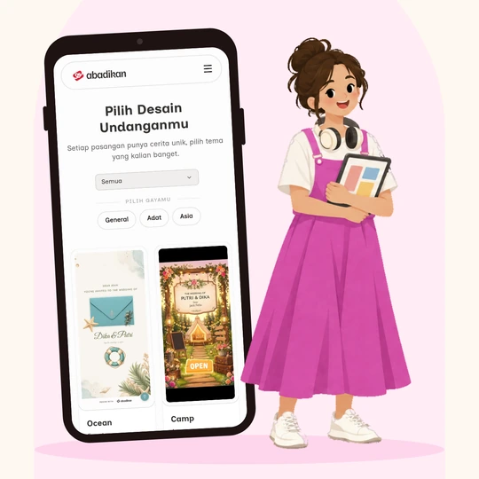 Mockup HP berisi katalog Pilih Desain Undanganmu; ilustrasi Desi berdiri di samping HP sambil memeluk tablet.