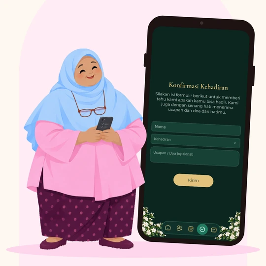 Mockup HP berisi formulir RSVP & ucapan yang belum diisi; ilustrasi Bu Rara berdiri di samping HP sambil memegang HP-nya.