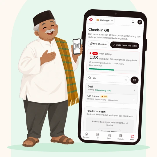 Mockup HP berisi layar Check-in QR dengan contoh daftar tamu; ilustrasi Pak Tamrin menyambut di samping HP.