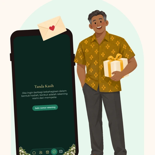 Mockup HP berisi layar Amplop & kado tanpa nominal dengan amplop berhati menyembul; ilustrasi Om Kadek memeluk kado berpita di samping HP.