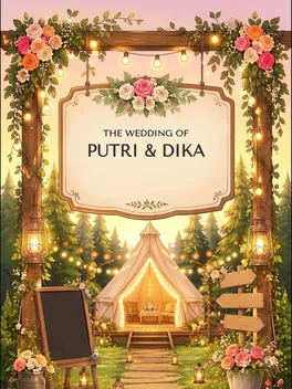 Undangan digital Abadikan tema Camp milik Dika & Putri: tenda bercahaya di hutan pinus.