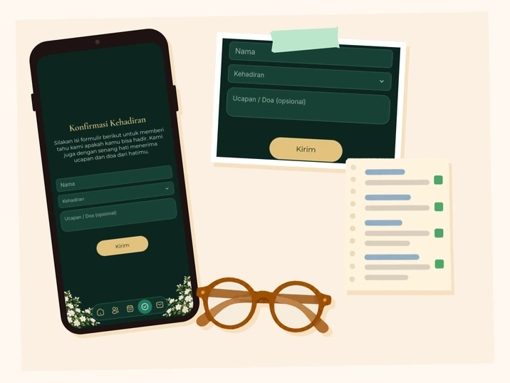 Kolase: HP dan potongan layar RSVP berisi formulir Konfirmasi Kehadiran yang belum diisi, daftar tamu berkotak hijau, dan kacamata bingkai cokelat.