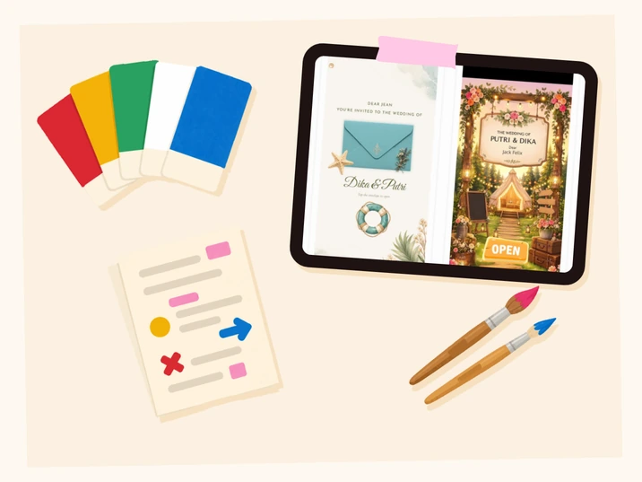Kolase: kipas kartu contoh warna, sketsa undangan penuh coretan revisi, dua kuas, dan tablet berisi dua tema undangan dari katalog.