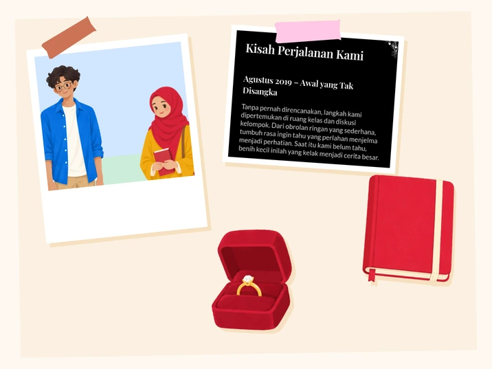 Kolase: buku catatan merah, cincin lamaran dalam kotak, polaroid ilustrasi Dika & Putri, dan potongan layar Kisah cinta berisi contoh cerita mereka.