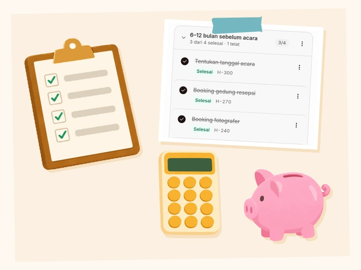 Kolase: papan jepit berisi checklist, kalkulator, celengan, dan potongan layar To-do berisi tugas persiapan yang sudah dicentang.