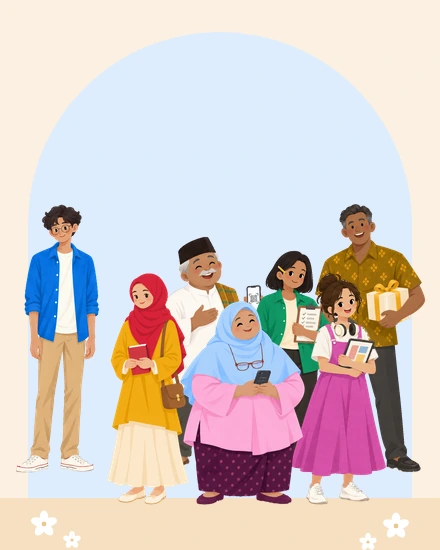 Ketujuh tokoh berbaju sehari-hari berkumpul seperti foto keluarga, dengan tinggi dan bentuk badan yang berbeda-beda.