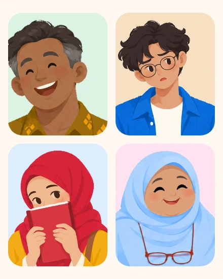 Empat ekspresi warga: Om Kadek tertawa, Dika heran, Putri malu di balik buku catatan, dan Bu Rara tersenyum lega.