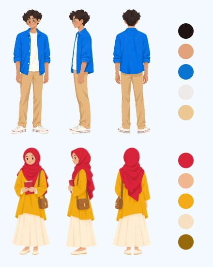 Lembar karakter Dika & Putri dari depan, samping, dan belakang, lengkap dengan palet warnanya.