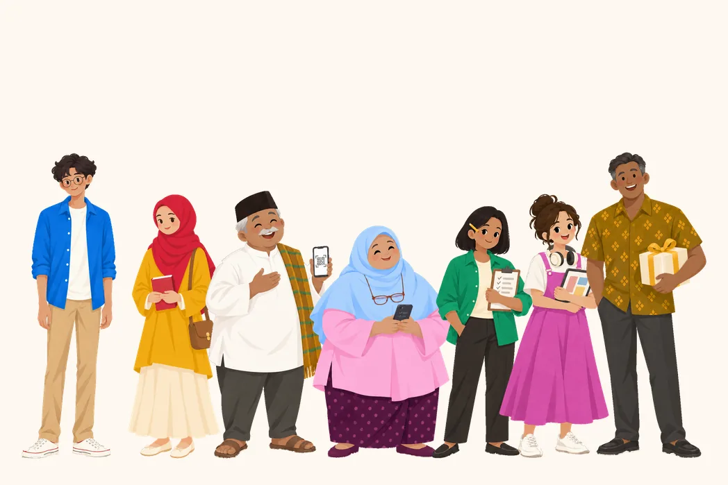 Ilustrasi Dika & Putri berdiri berjajar bersama lima warga lainnya: Pak Tamrin, Bu Rara, Wenda, Desi, dan Om Kadek.